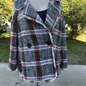 Anthropologie Eva Franco Plaid Print Pea Coat Fringe Trim Heavyweight Medium